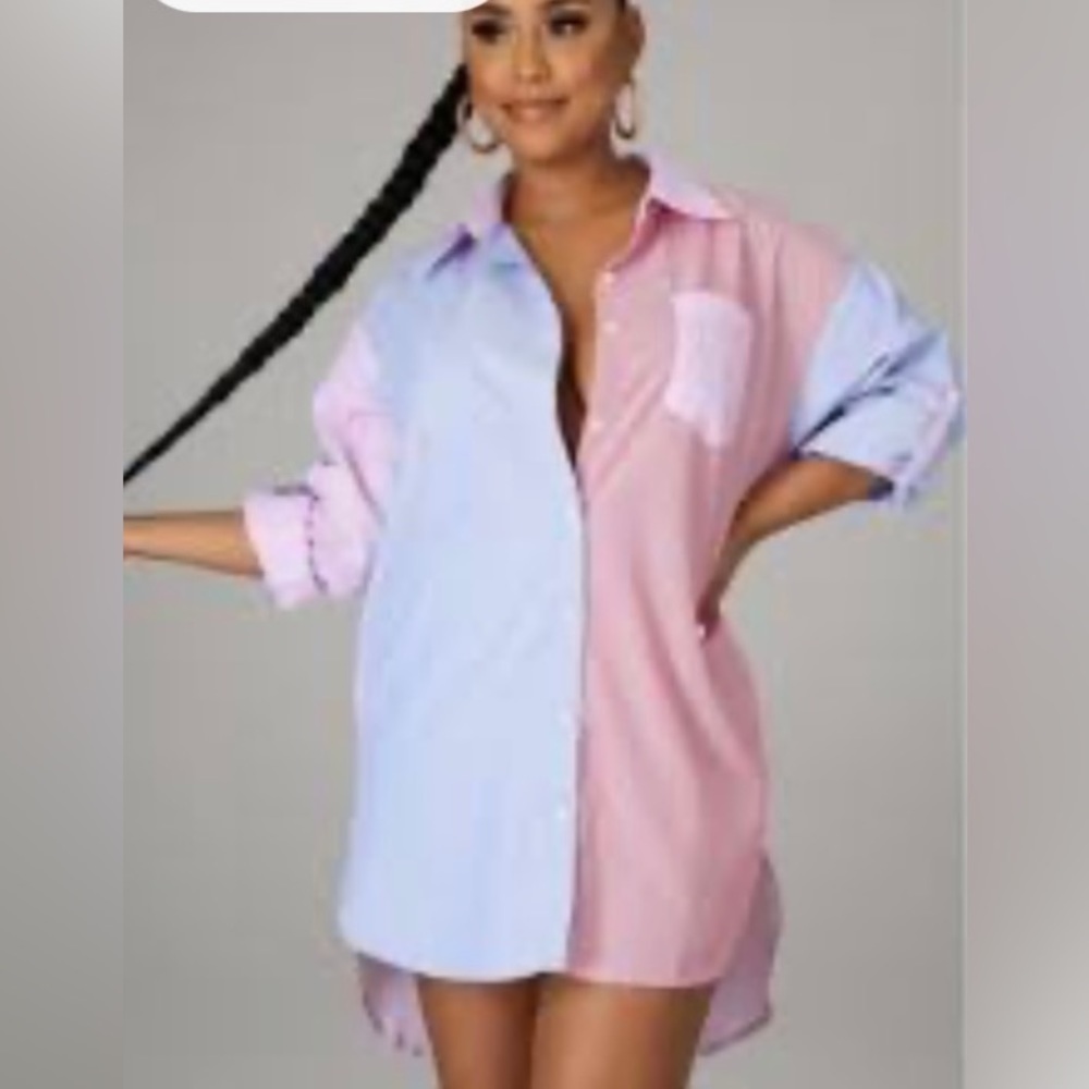 Hers & Mine Large pink & blue menswear shirt dress‎ in patchwork pinstripe.NWT